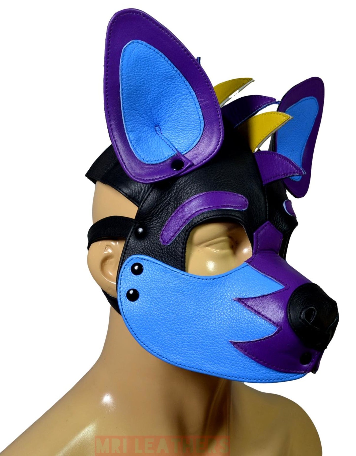 Leather Puppy Mask Hood Human puppy Flame on Head Blue Orange White - MRI Leathers