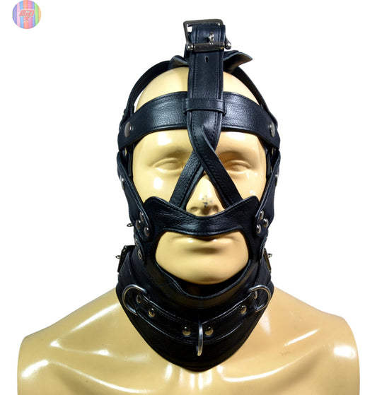 Black leather head harness with D-rings and adjustable straps for BDSM and bondage play.