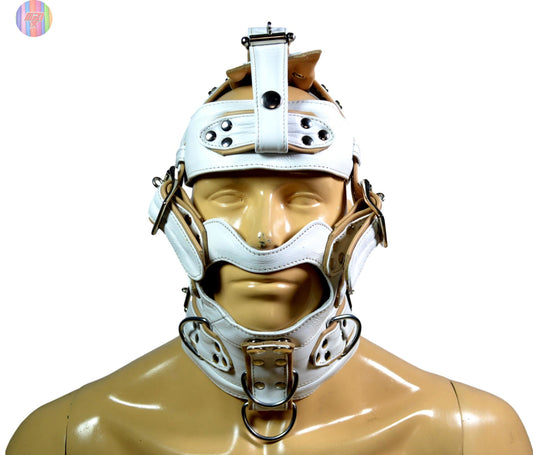 White leather head harness muzzle with locking buckles and D-rings on mannequin.