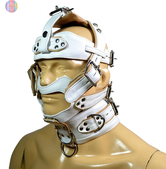 White leather head harness muzzle with locking buckles and D-rings for BDSM restraint.