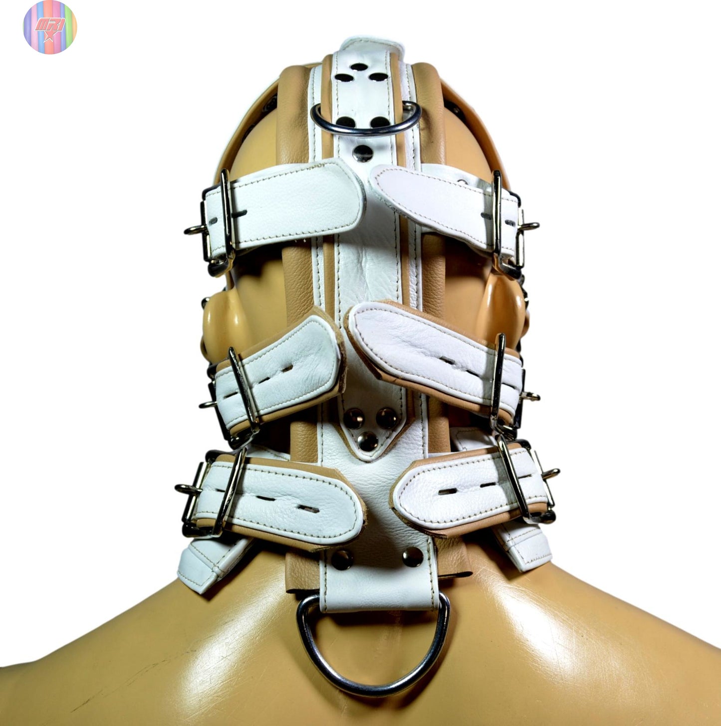 White leather head harness with locking buckles and D-rings, adjustable BDSM bondage hood.