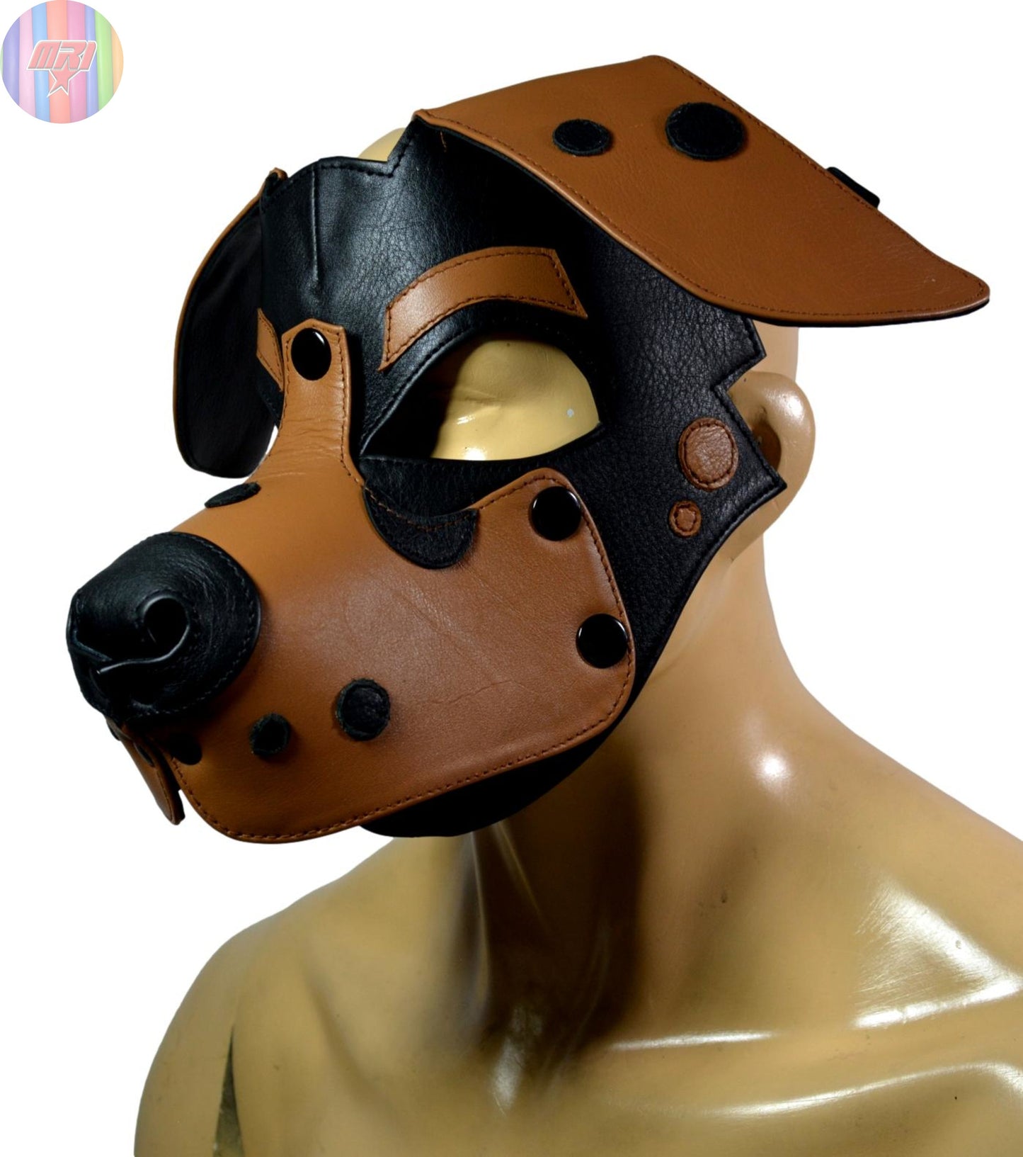 Brown and black leather puppy hood with adjustable straps and breathable muzzle for pup play and cosplay