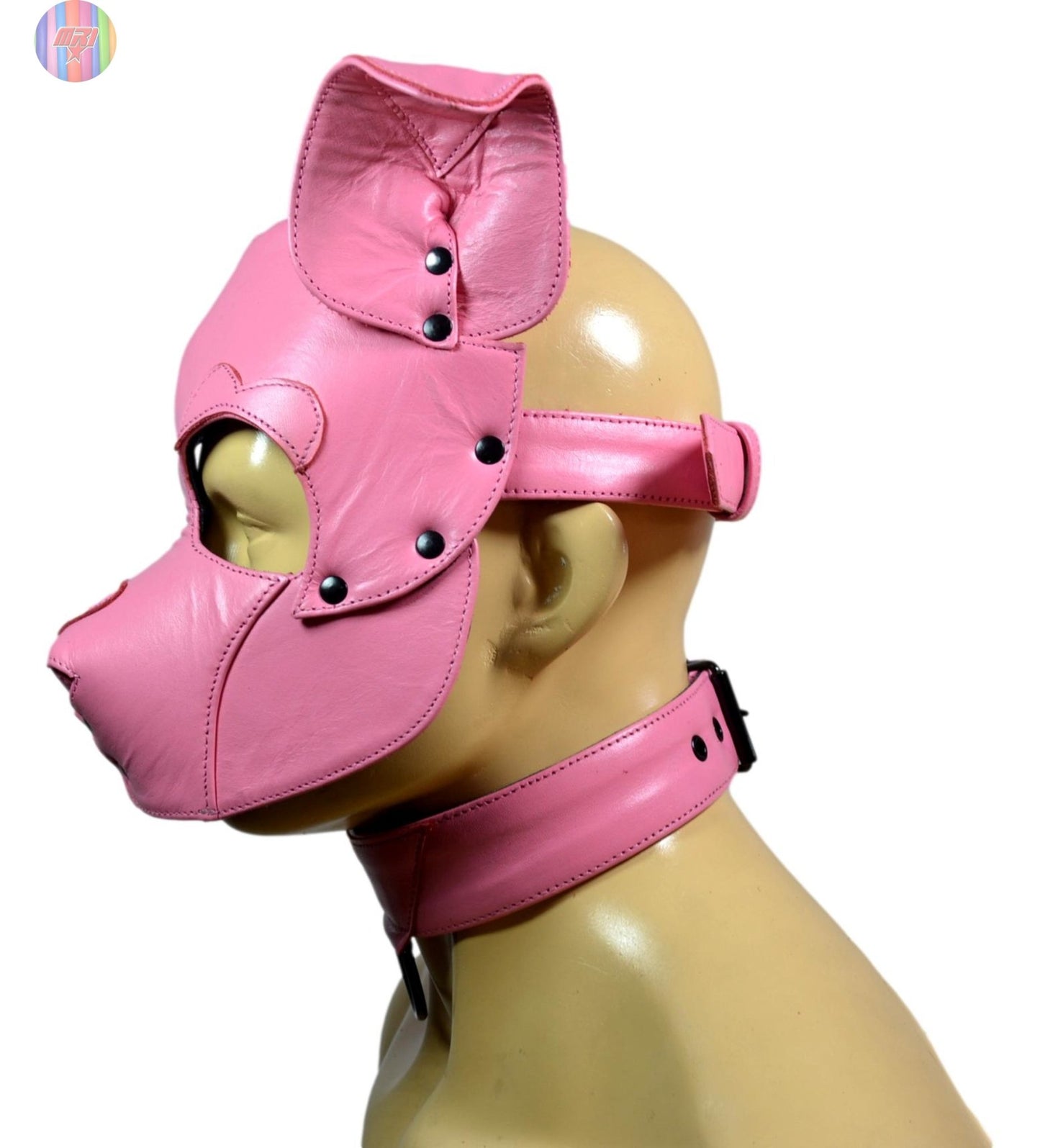 Pink Leather Puppy Hood with Matching Collar – Adjustable Human Pup Play Mask for Cosplay, Roleplay & Fetish Wear - MRI Leathers