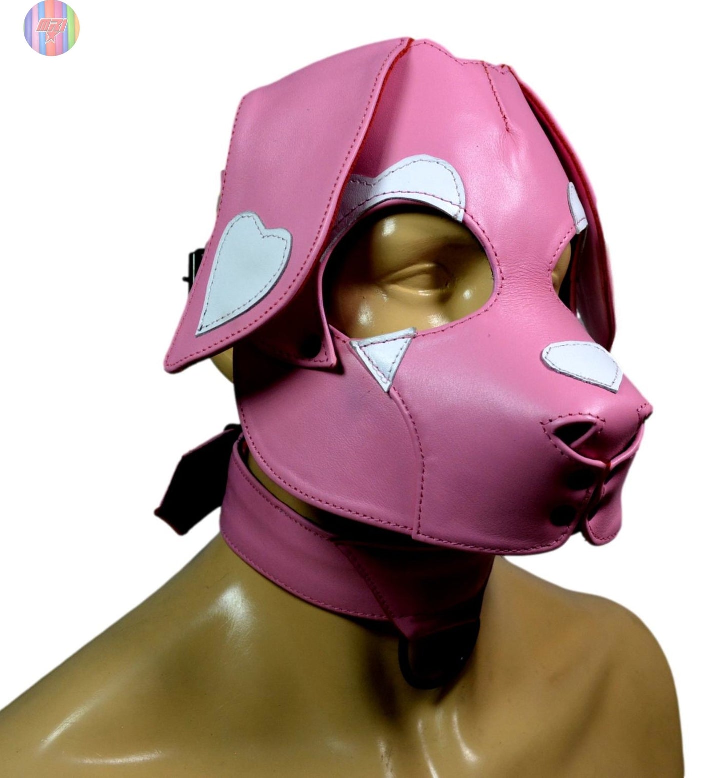 Pink Leather Puppy Hood with Matching Collar – Adjustable Human Pup Play Mask for Cosplay, Roleplay & Fetish Wear - MRI Leathers