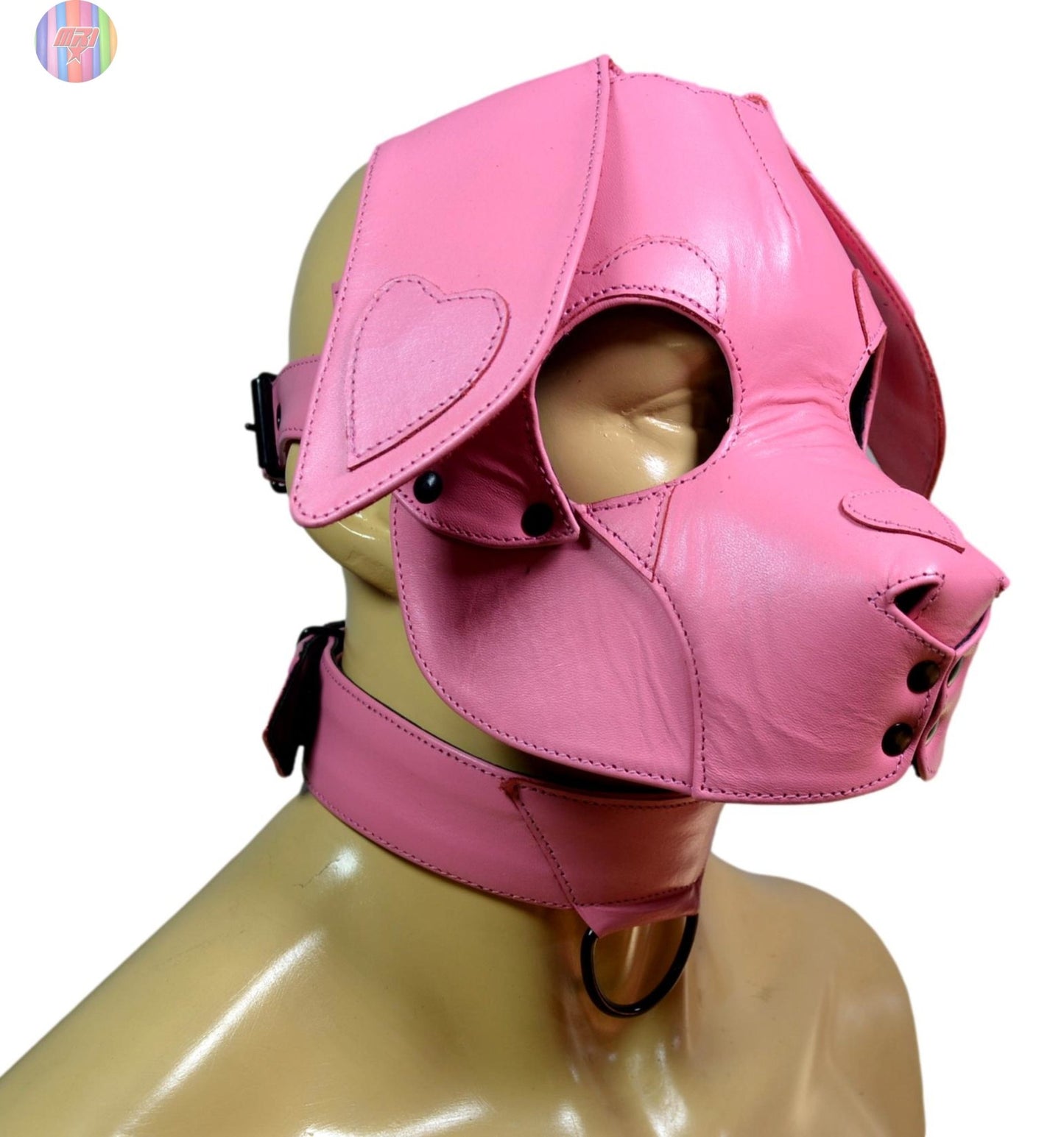 Pink Leather Puppy Hood with Matching Collar – Adjustable Human Pup Play Mask for Cosplay, Roleplay & Fetish Wear - MRI Leathers