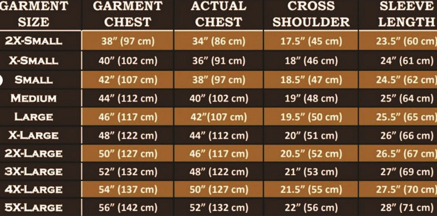 Strait jacket size chart with garment chest, actual chest, cross shoulder, and sleeve length measurements for various sizes.