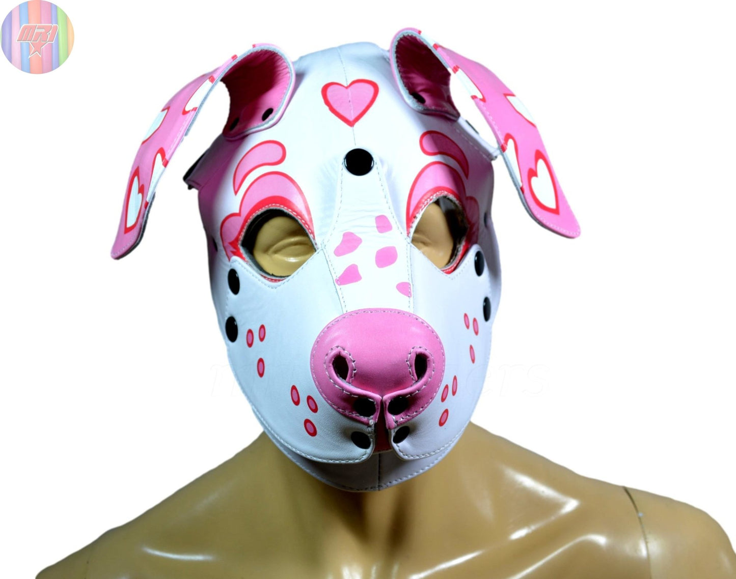 White & Pink Heart Puppy Hood – Handmade Leather Dog Mask for Cute Pet Play - MRI Leathers
