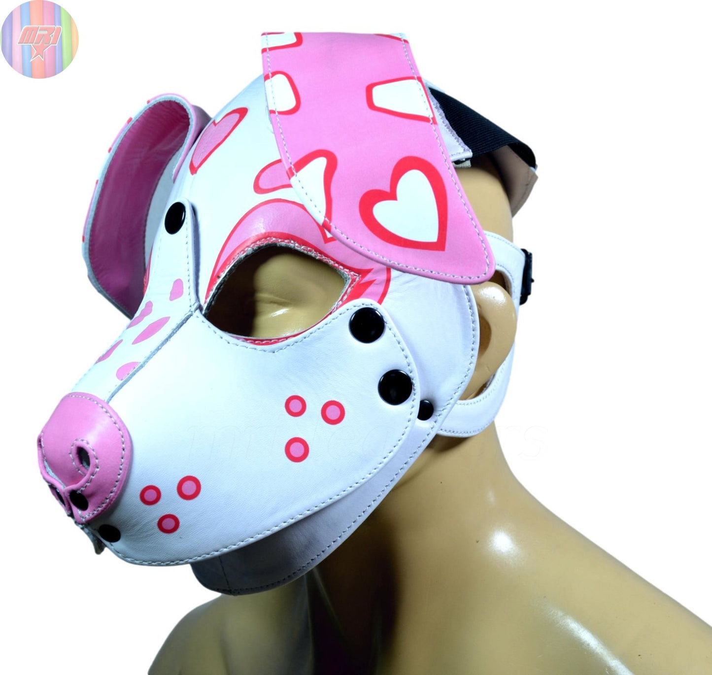 White & Pink Heart Puppy Hood – Handmade Leather Dog Mask for Cute Pet Play - MRI Leathers