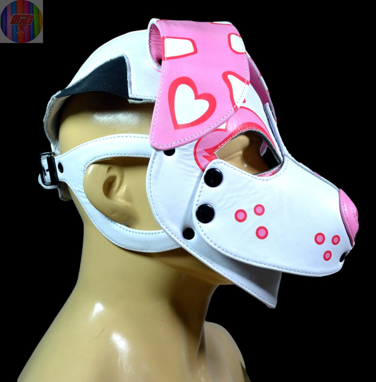 White & Pink Heart Puppy Hood – Handmade Leather Dog Mask for Cute Pet Play - MRI Leathers