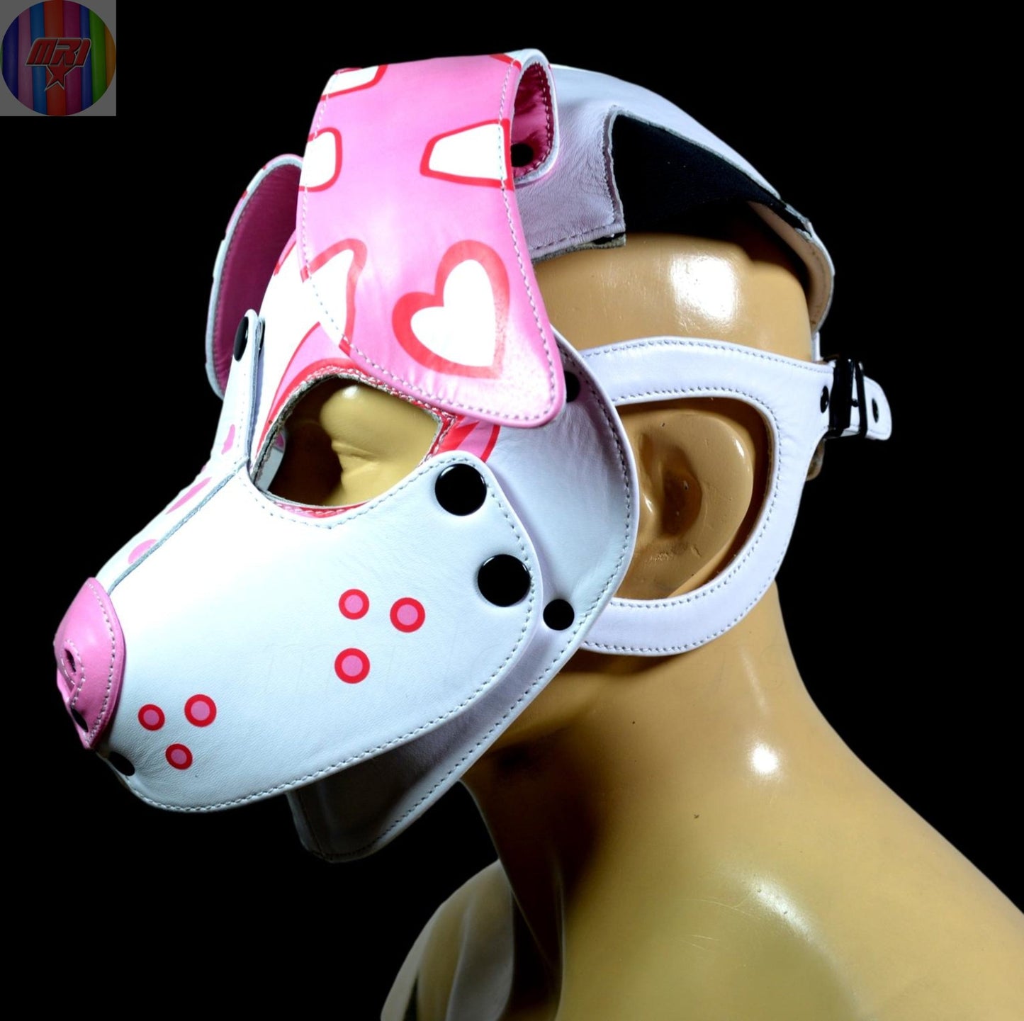 White & Pink Heart Puppy Hood – Handmade Leather Dog Mask for Cute Pet Play - MRI Leathers