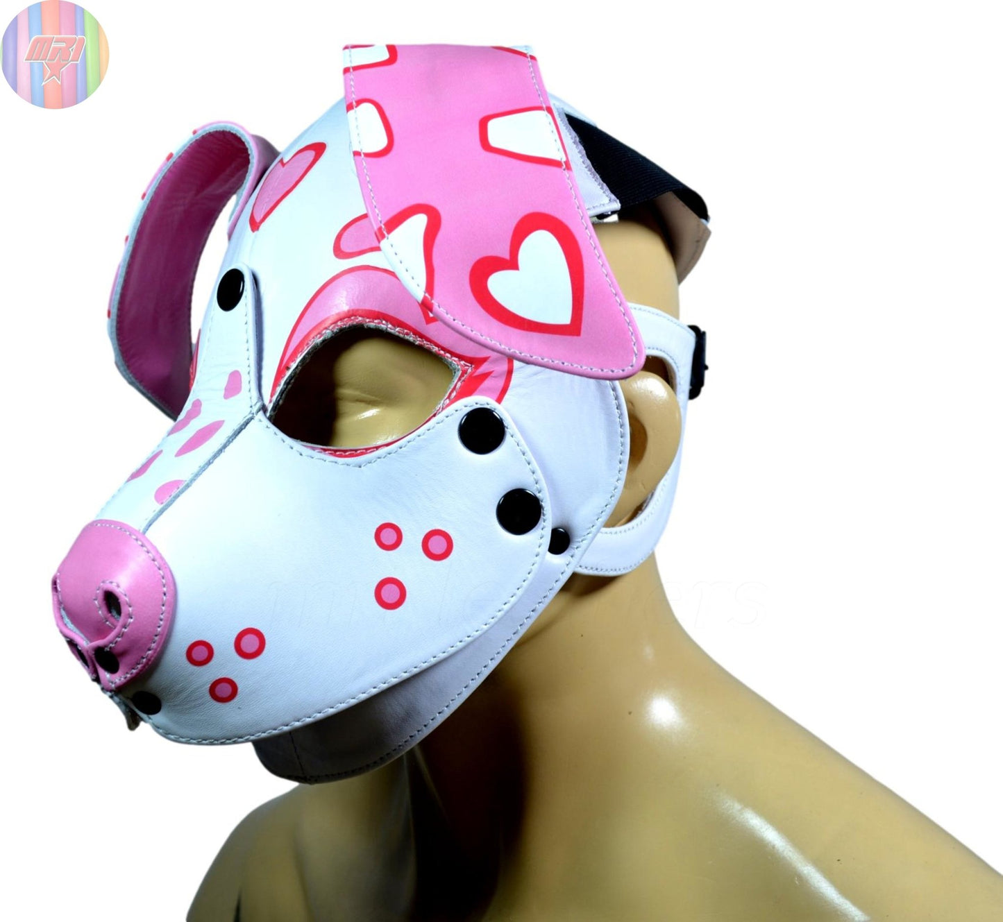 White & Pink Heart Puppy Hood – Handmade Leather Dog Mask for Cute Pet Play - MRI Leathers
