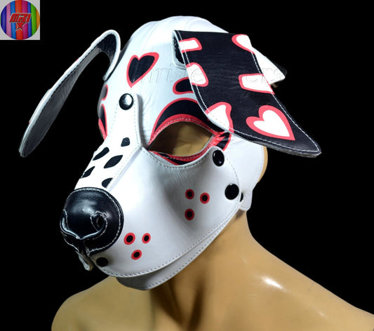 White,Black & Pink Heart Puppy Hood – Handmade Leather Dog Mask for Cute Pet Play - MRI Leathers