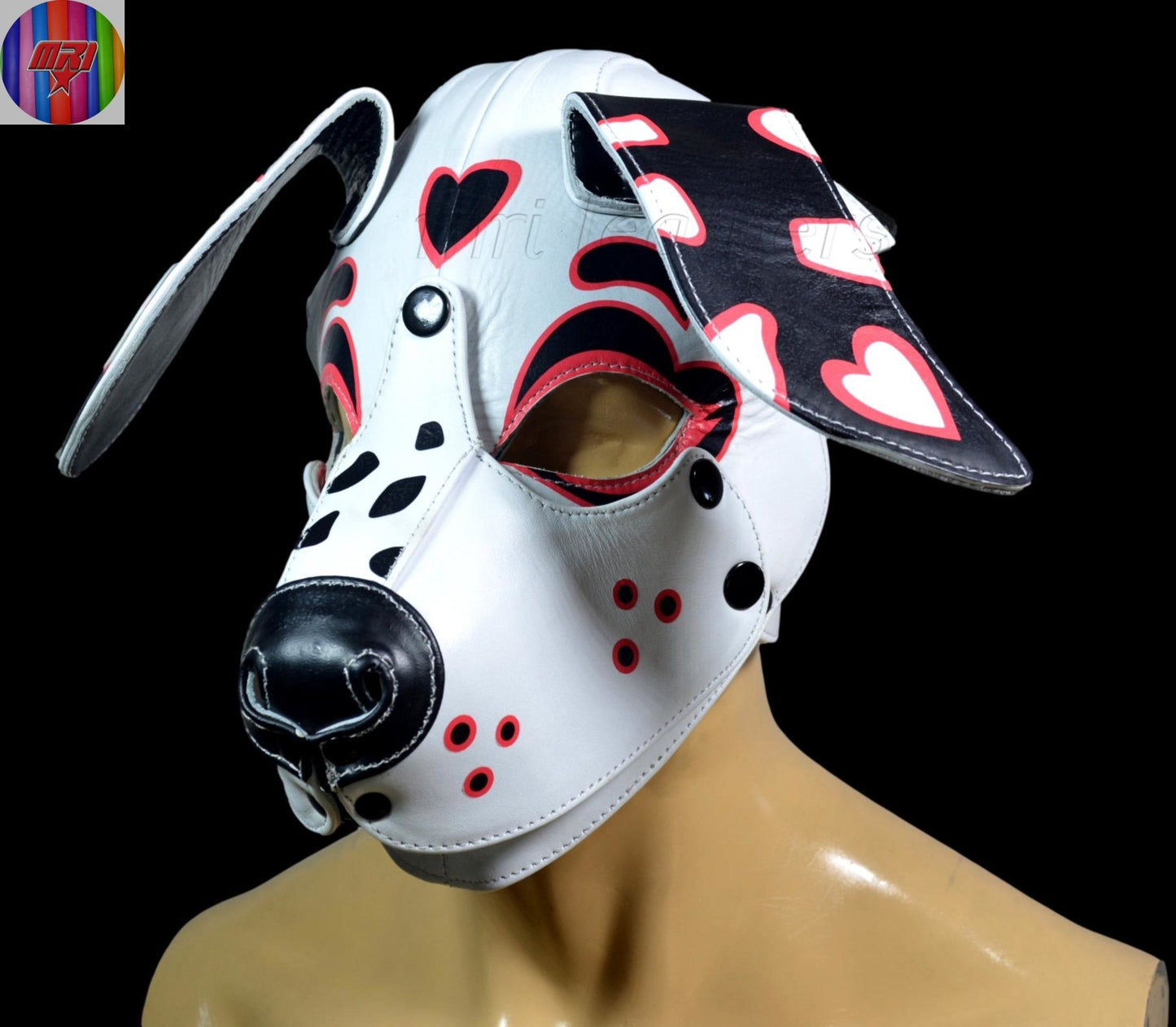 White,Black & Pink Heart Puppy Hood – Handmade Leather Dog Mask for Cute Pet Play - MRI Leathers