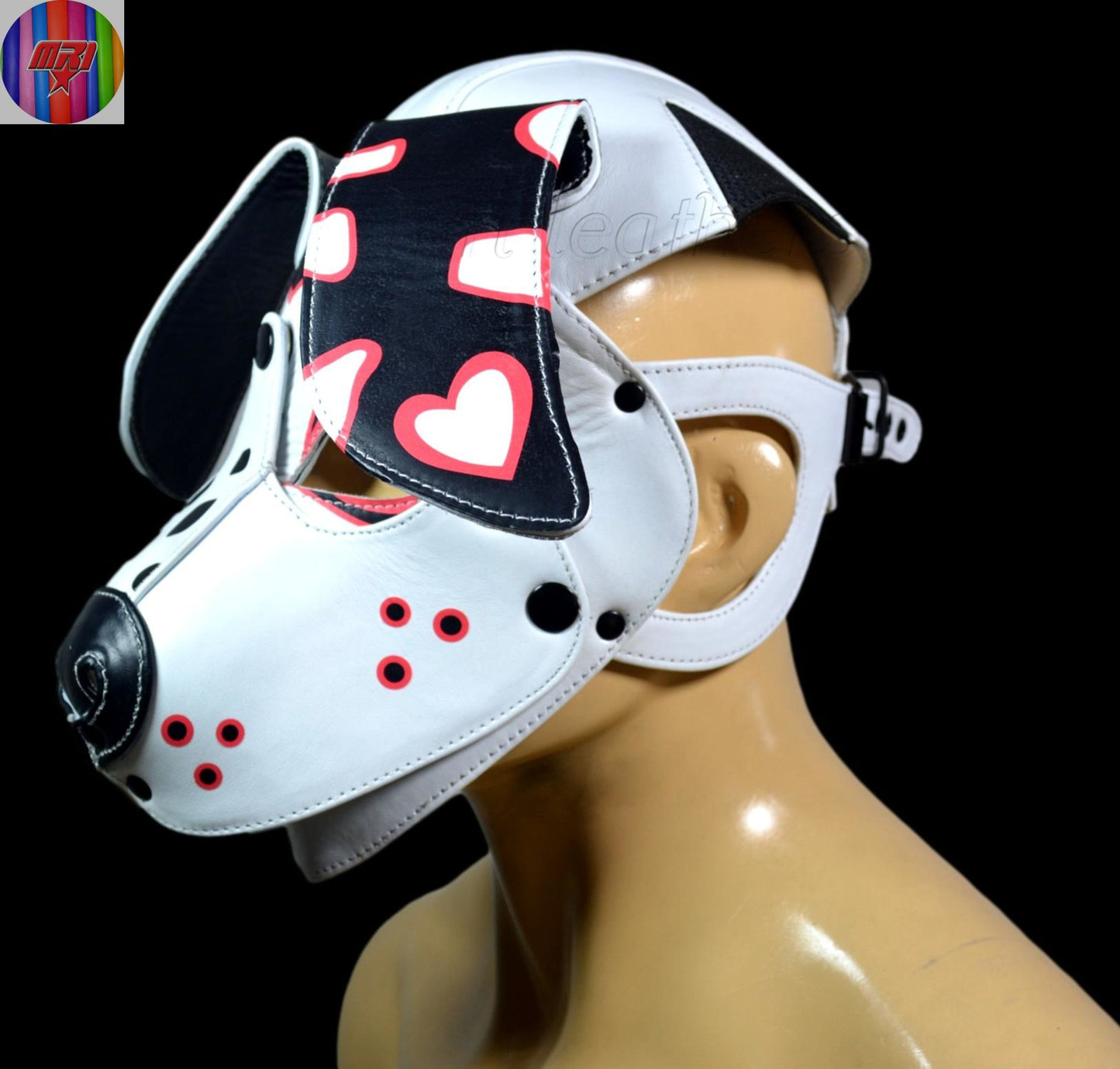 White,Black & Pink Heart Puppy Hood – Handmade Leather Dog Mask for Cute Pet Play - MRI Leathers
