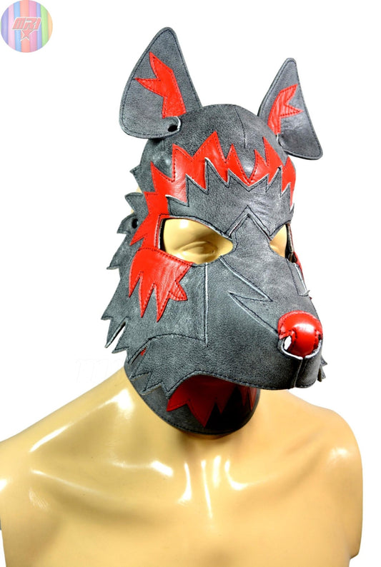 Wolf Leather Pup Hood Mask – Red & Gray Handmade Pet Play Gear - MRI Leathers