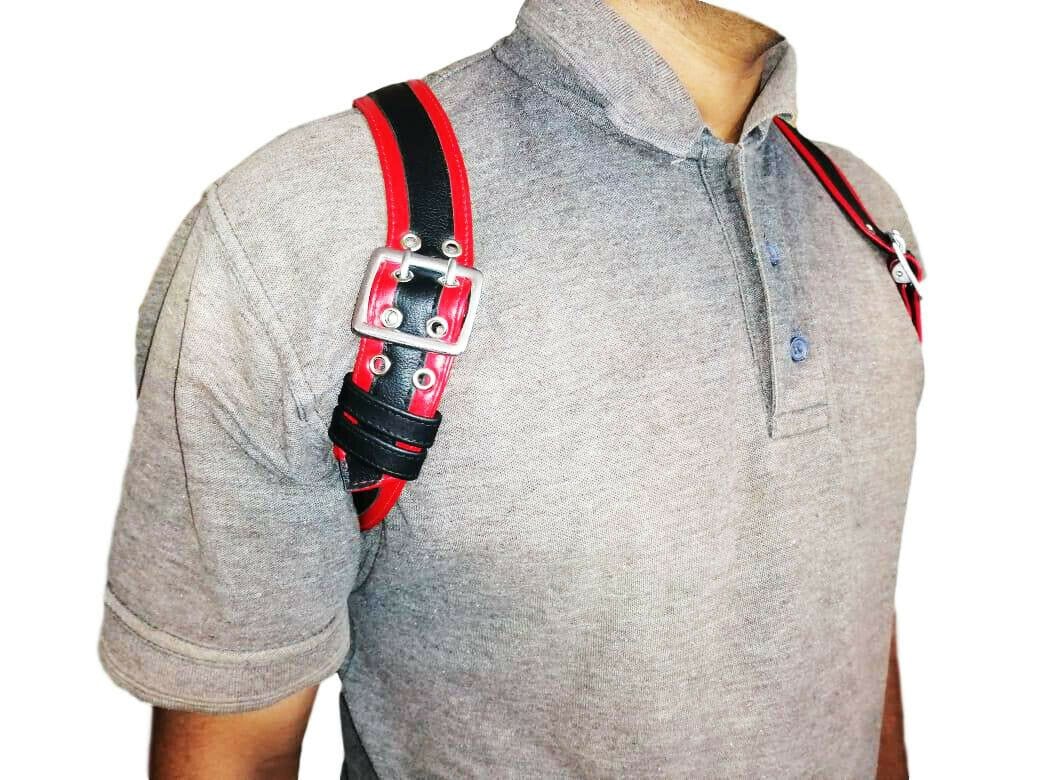 Black Leather WIDE Studded Straps/Buckles Men's Body Chest Harness Adjustable - MRI Leathers