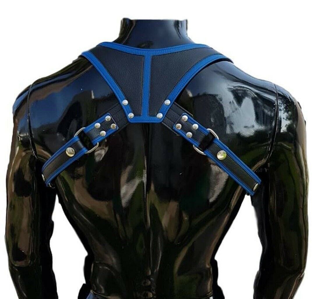 Black Leather WIDE Studded Straps/Buckles Men's Body Chest Harness Adjustable - MRI Leathers