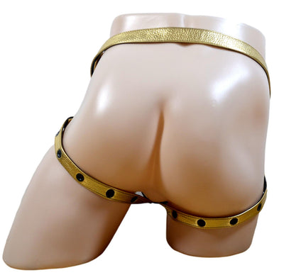 BULLDOG Metallic gold LEATHER HARNESS with black or silver snap and ring. Men leather harness - MRI Leathers