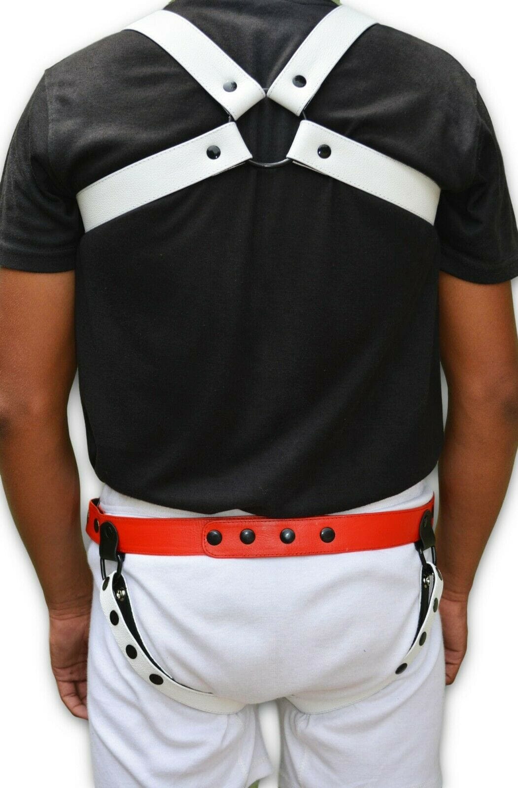 Genuine leather HARNESS GAY Leather White Black adjustable straps - MRI Leathers