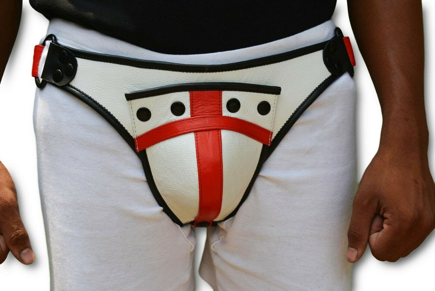 Genuine leather HARNESS GAY Leather White Black adjustable straps - MRI Leathers