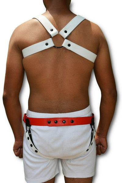 Genuine leather HARNESS GAY Leather White Black adjustable straps - MRI Leathers