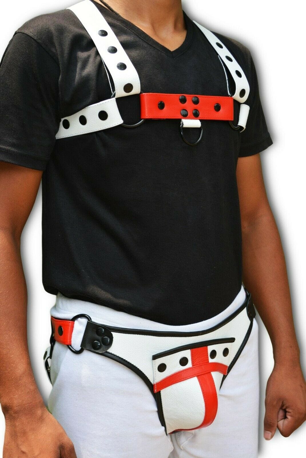 Genuine leather HARNESS GAY Leather White Black adjustable straps - MRI Leathers