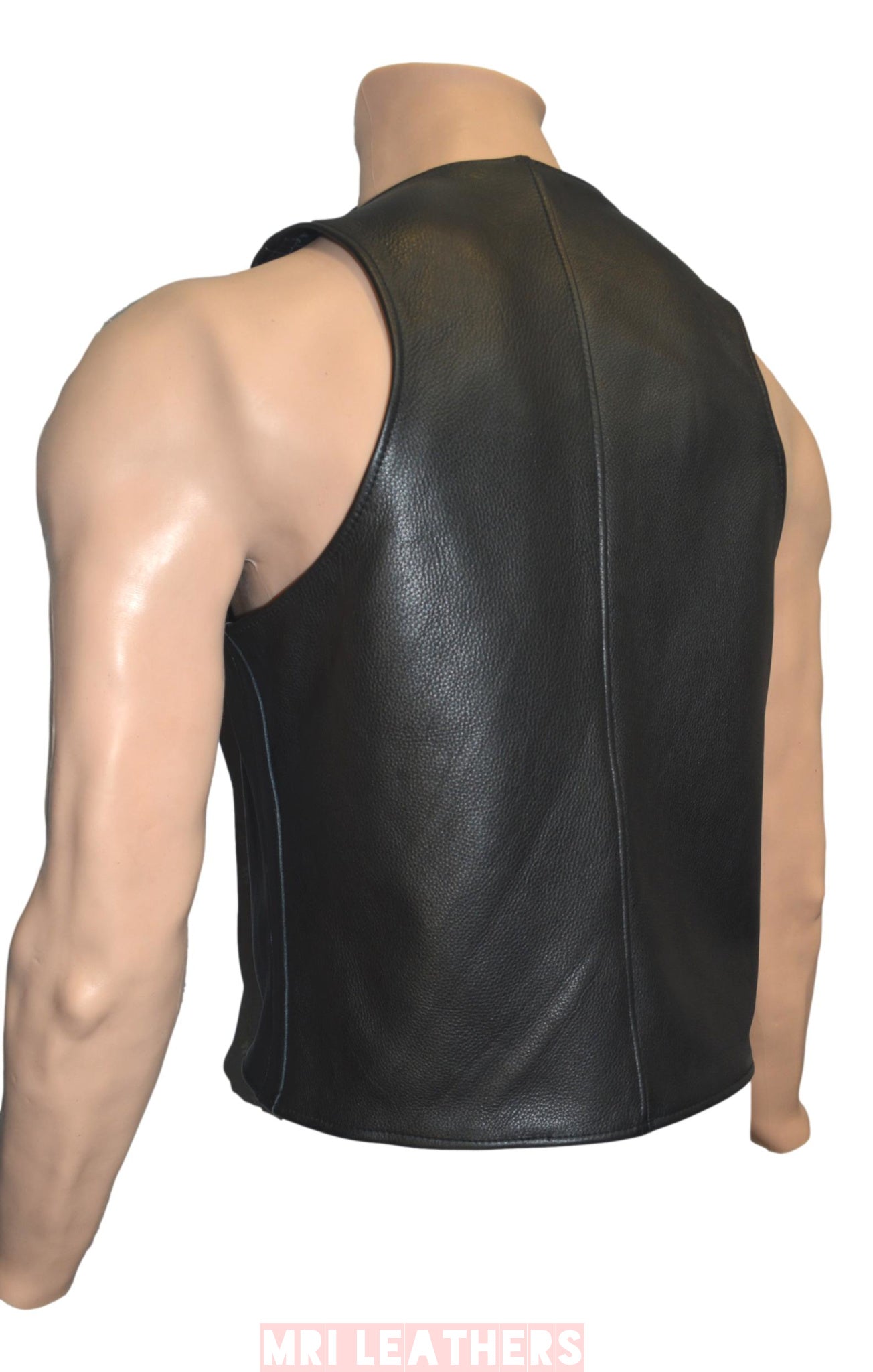 Men's handmade open front leather bar vest, high cut design, back view.