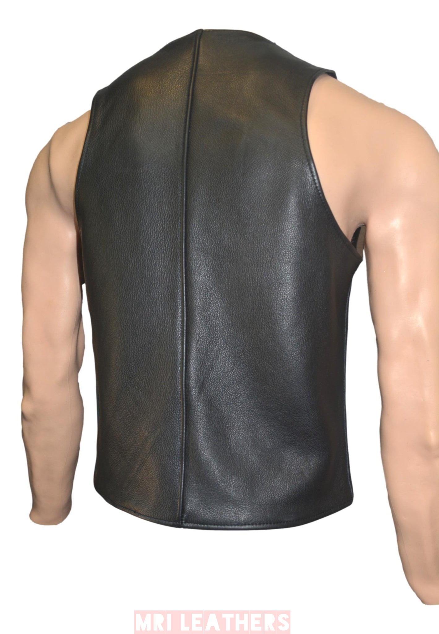 Men's open front handmade leather bar vest, high cut design.