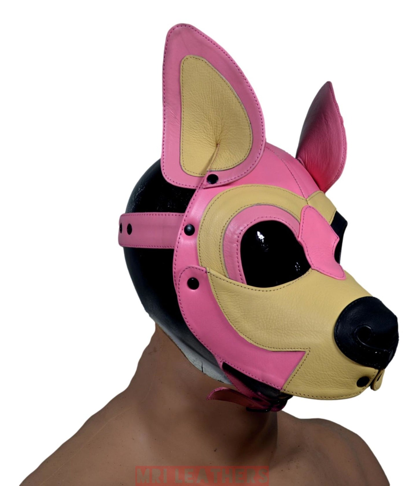 Leather Dog Mask Hood Pet Play Puppy Mask Human Pink White - MRI Leathers