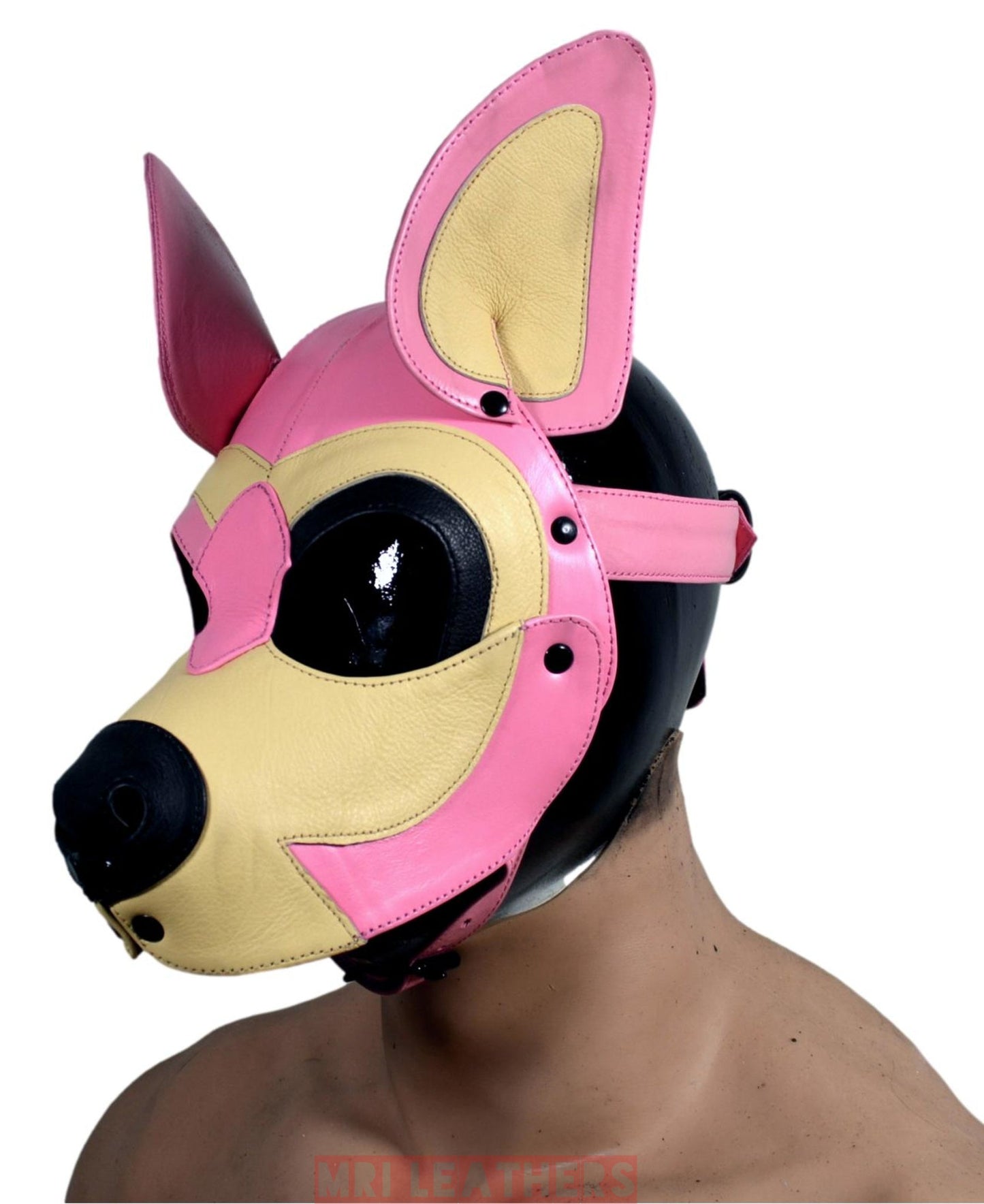Leather Dog Mask Hood Pet Play Puppy Mask Human Pink White - MRI Leathers