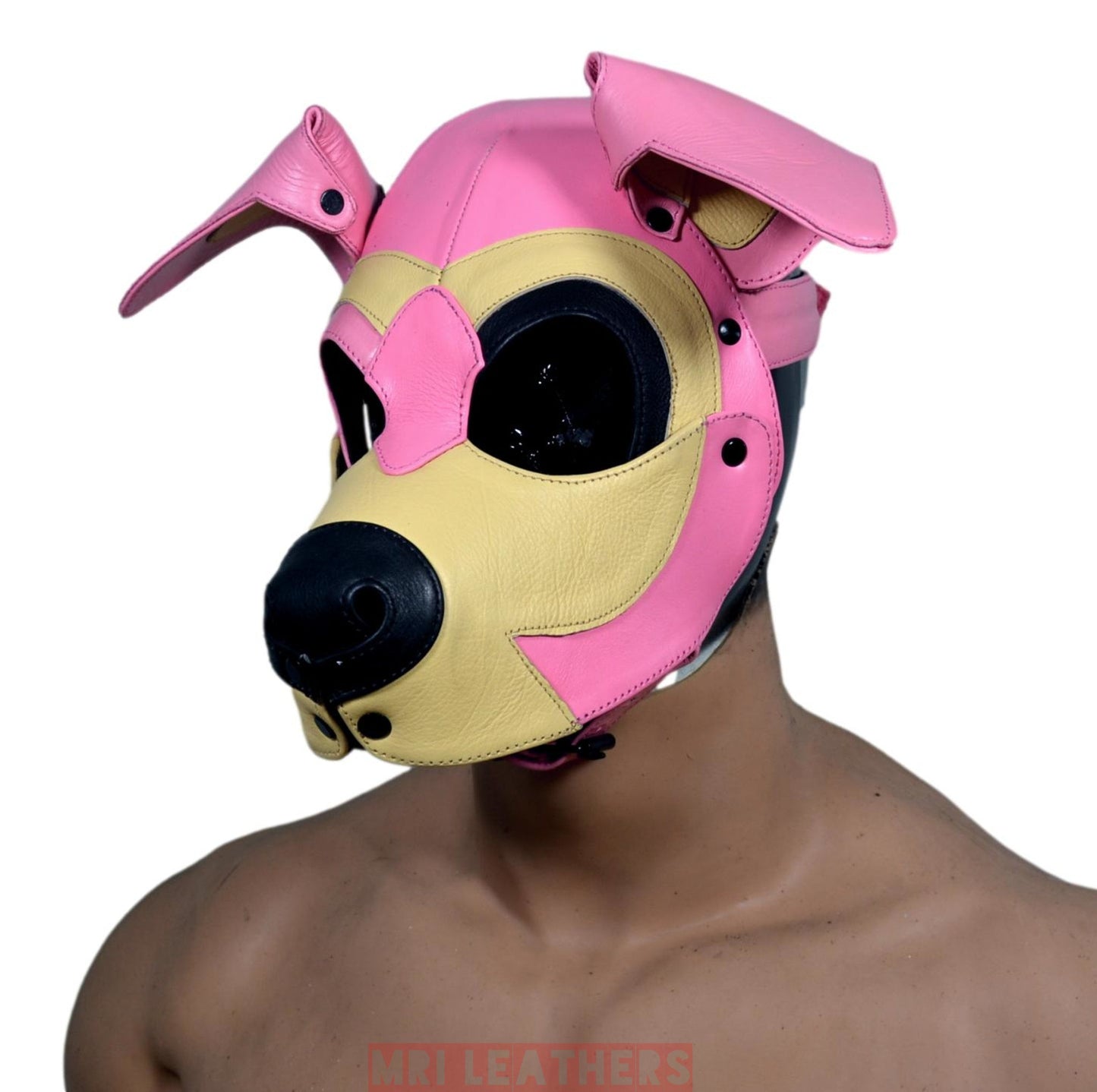 Leather Dog Mask Hood Pet Play Puppy Mask Human Pink White - MRI Leathers
