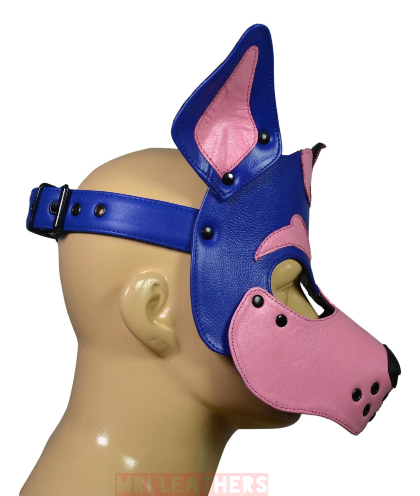 Leather Dog Mask Leather Dog Mask Dog Hood Pet Play Hood Puppy Mask Blue Pink - MRI Leathers