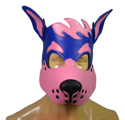 Leather Dog Mask Leather Dog Mask Dog Hood Pet Play Hood Puppy Mask Blue Pink - MRI Leathers
