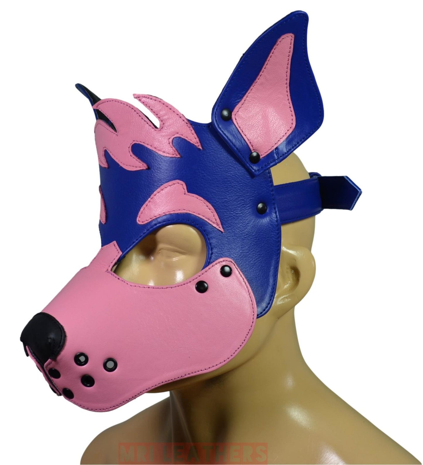 Leather Dog Mask Leather Dog Mask Dog Hood Pet Play Hood Puppy Mask Blue Pink - MRI Leathers