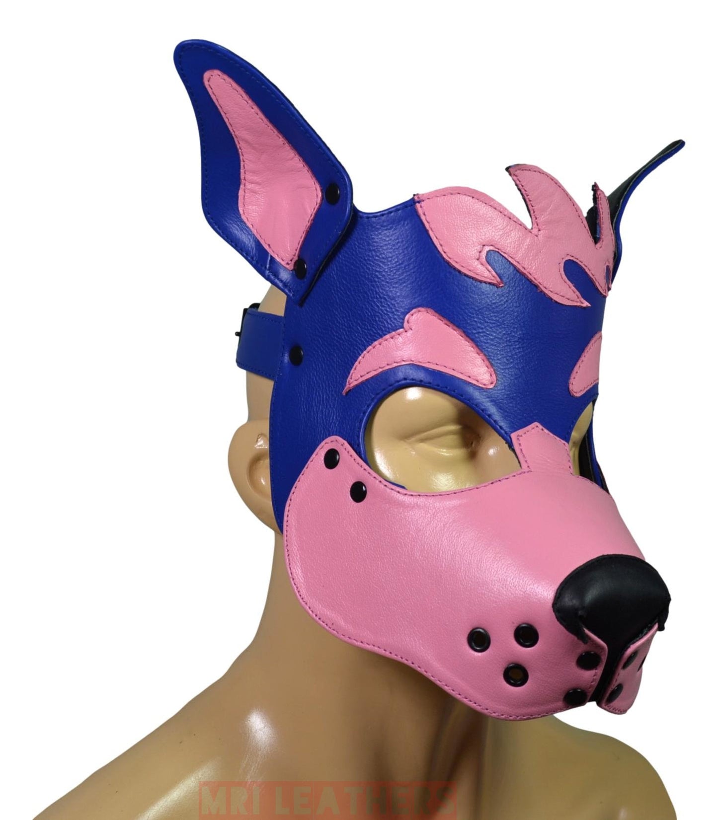 Leather Dog Mask Leather Dog Mask Dog Hood Pet Play Hood Puppy Mask Blue Pink - MRI Leathers