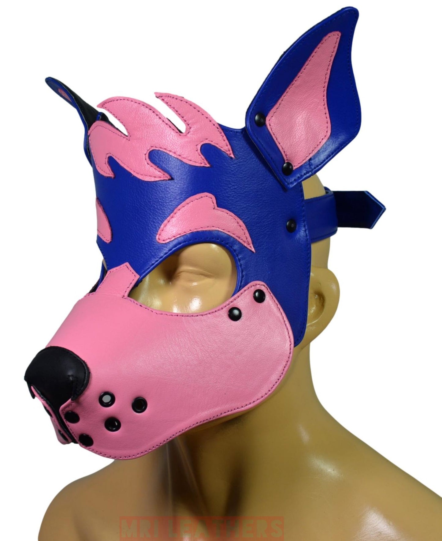 Leather Dog Mask Leather Dog Mask Dog Hood Pet Play Hood Puppy Mask Blue Pink - MRI Leathers