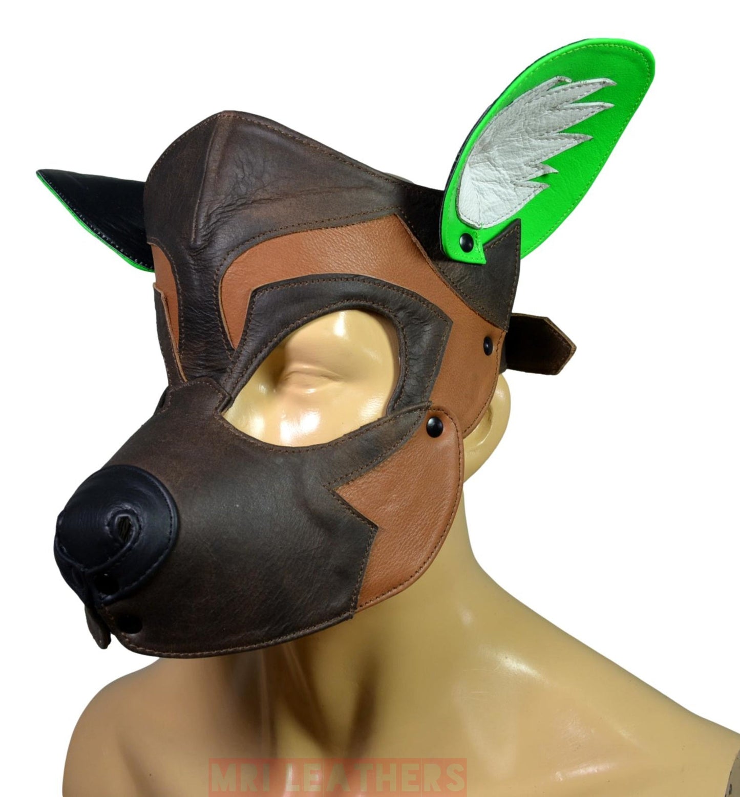 Leather Dog Mask Leather Dog Mask Dog Hood Pet Play Hood Puppy Mask Brown White - MRI Leathers