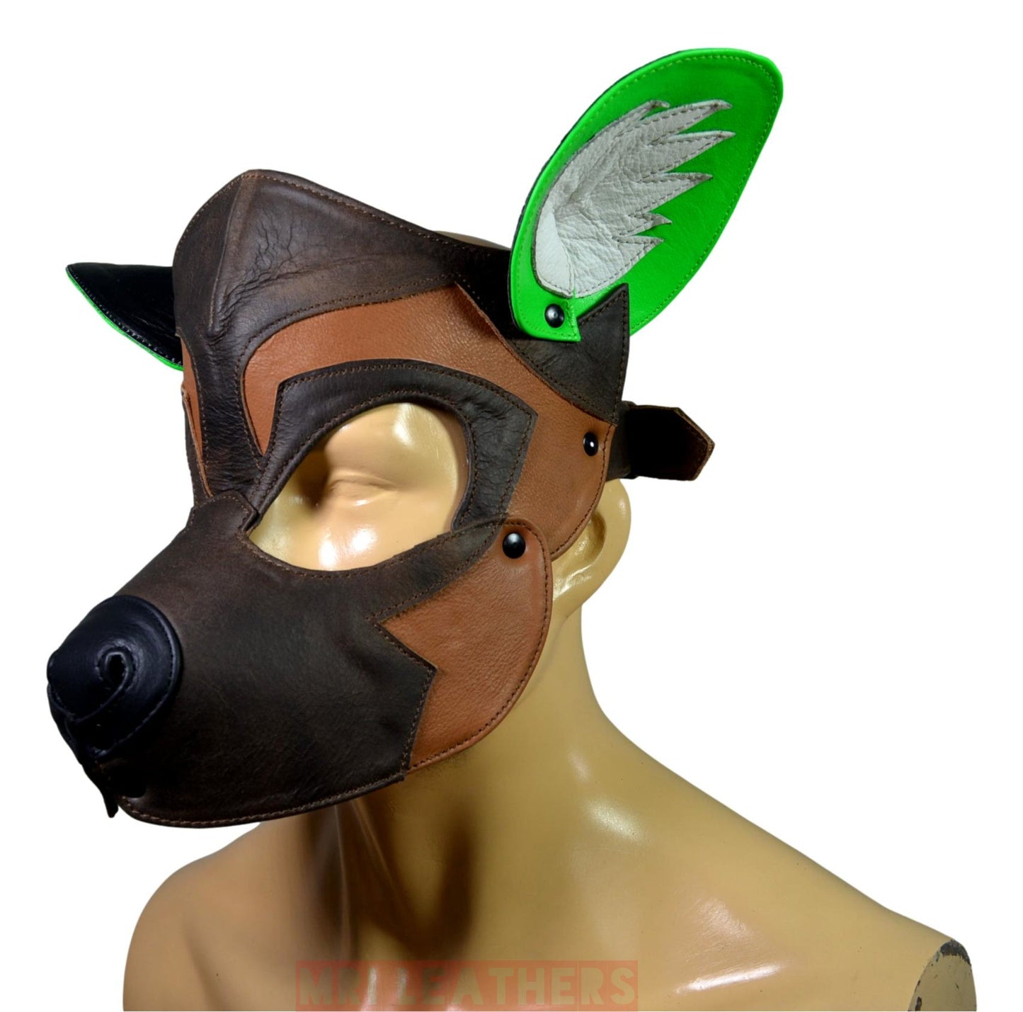 Leather Dog Mask Leather Dog Mask Dog Hood Pet Play Hood Puppy Mask Brown White - MRI Leathers