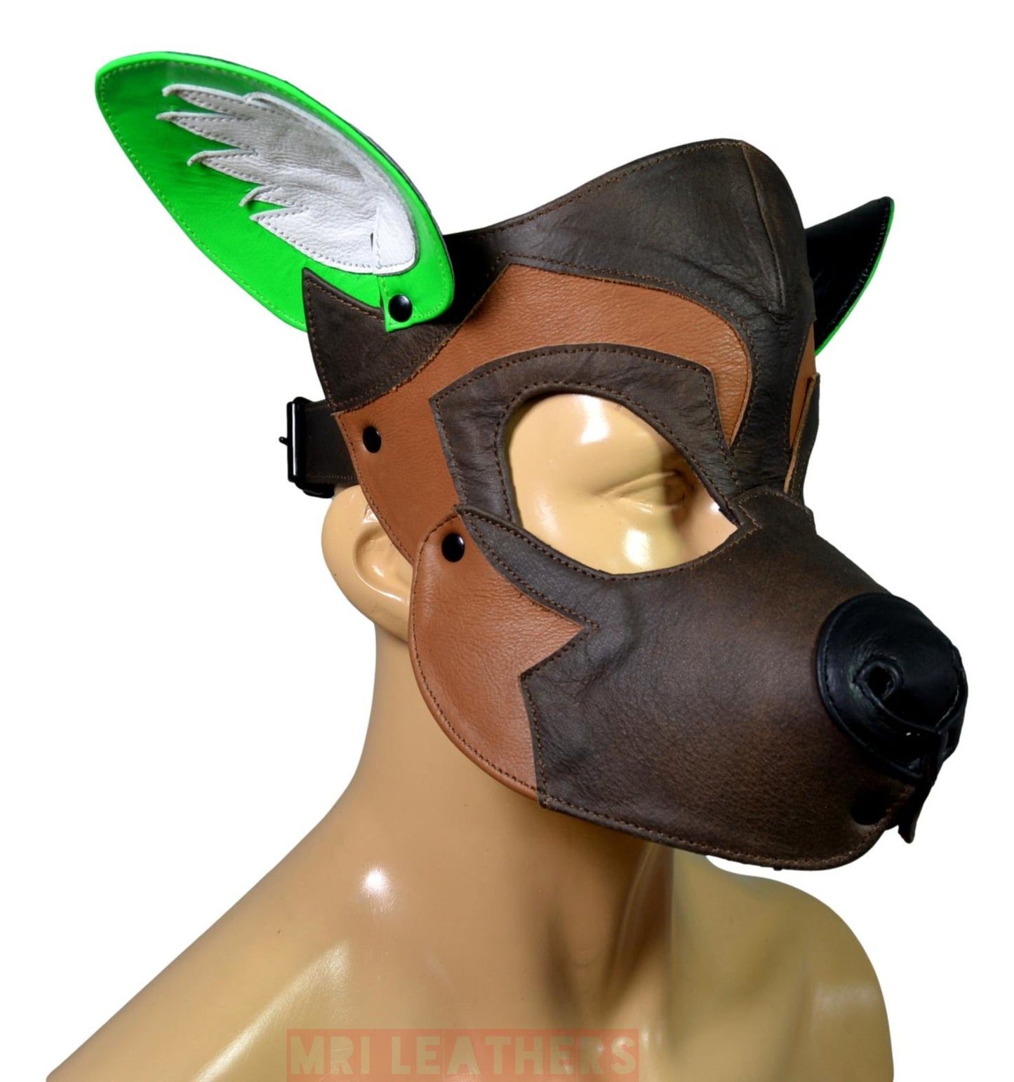 Leather Dog Mask Leather Dog Mask Dog Hood Pet Play Hood Puppy Mask Brown White - MRI Leathers