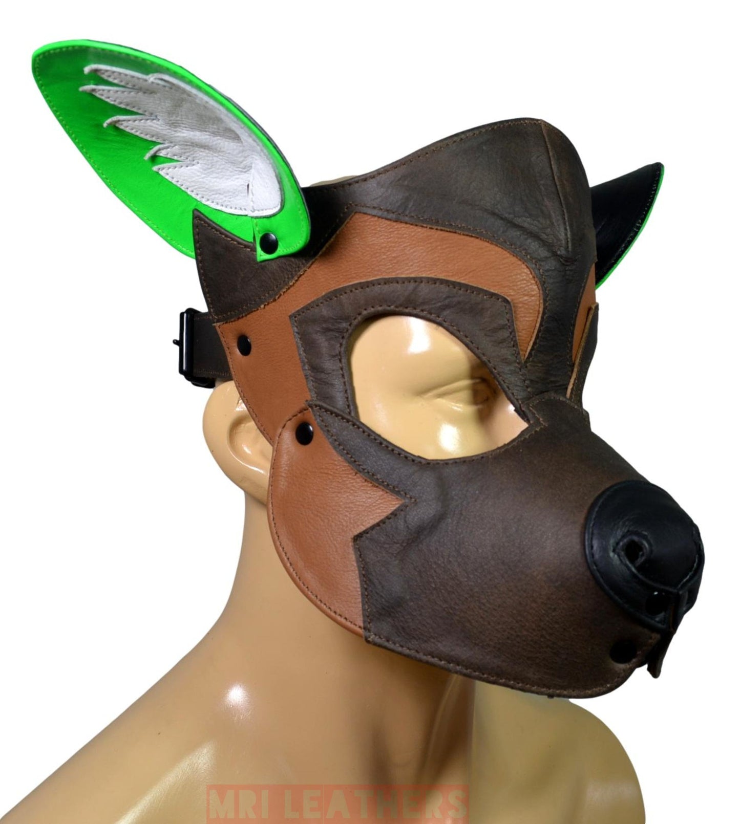 Leather Dog Mask Leather Dog Mask Dog Hood Pet Play Hood Puppy Mask Brown White - MRI Leathers