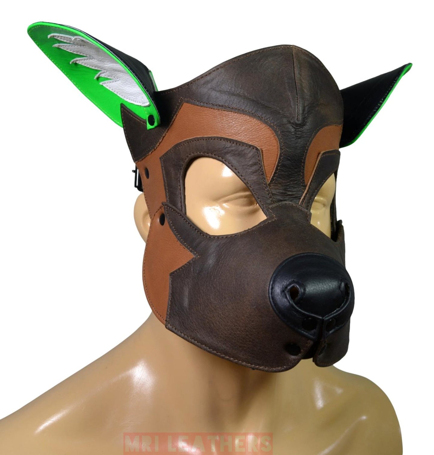 Leather Dog Mask Leather Dog Mask Dog Hood Pet Play Hood Puppy Mask Brown White - MRI Leathers