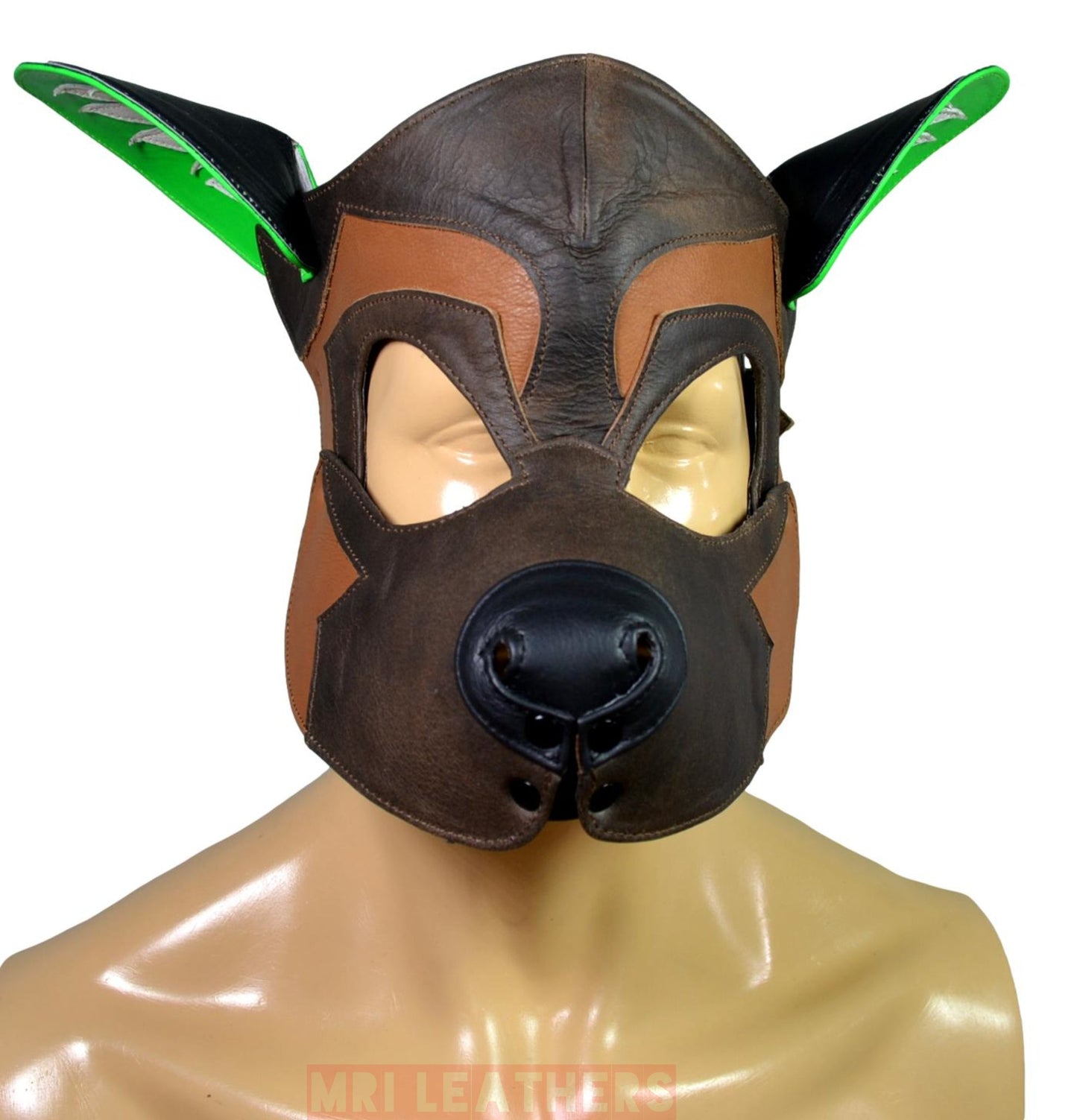 Leather Dog Mask Leather Dog Mask Dog Hood Pet Play Hood Puppy Mask Brown White - MRI Leathers