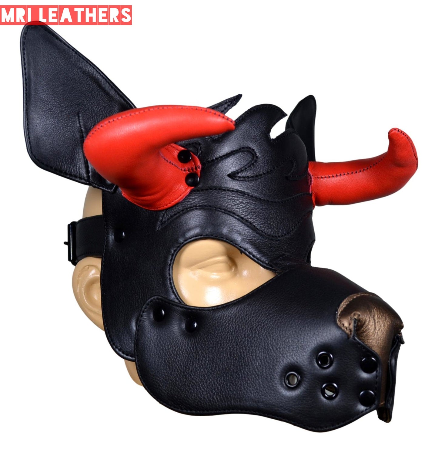 Leather Dog Mask Leather Dog Mask Dog Hood Pet Play Hood Puppy Mask Horns Red - MRI Leathers