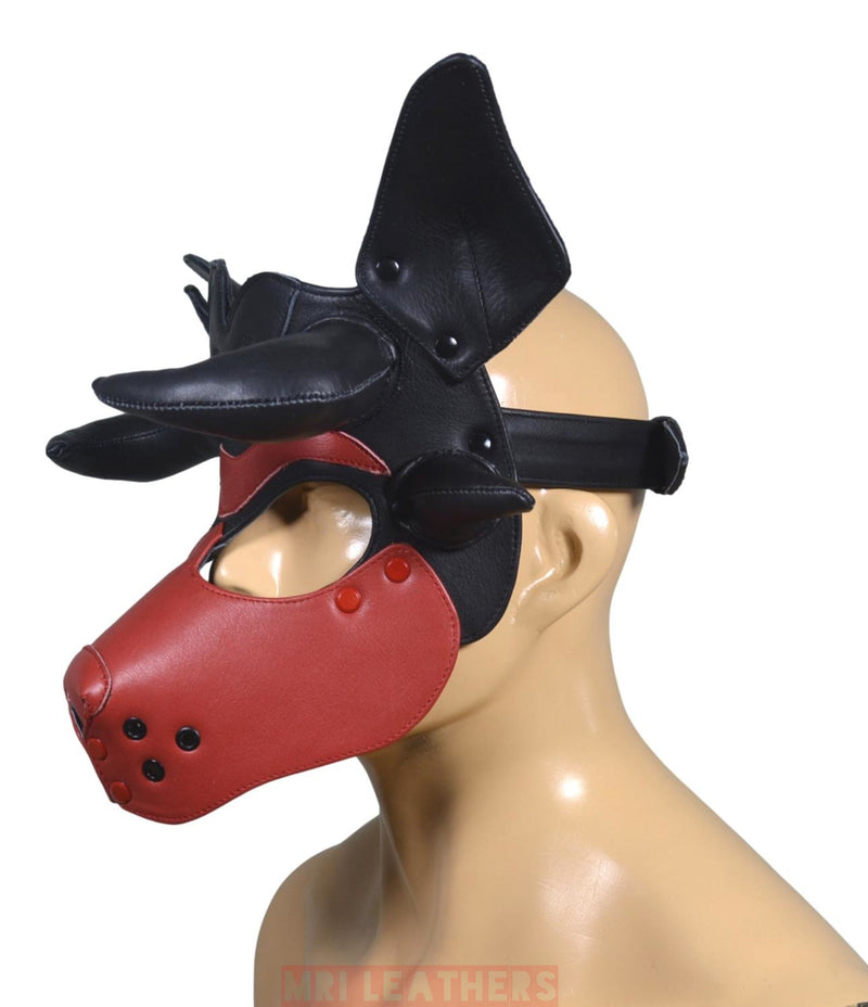 Leather Dog Mask Leather Dog Mask Dog Hood Pet Play Hood Puppy Mask Horns Red - MRI Leathers