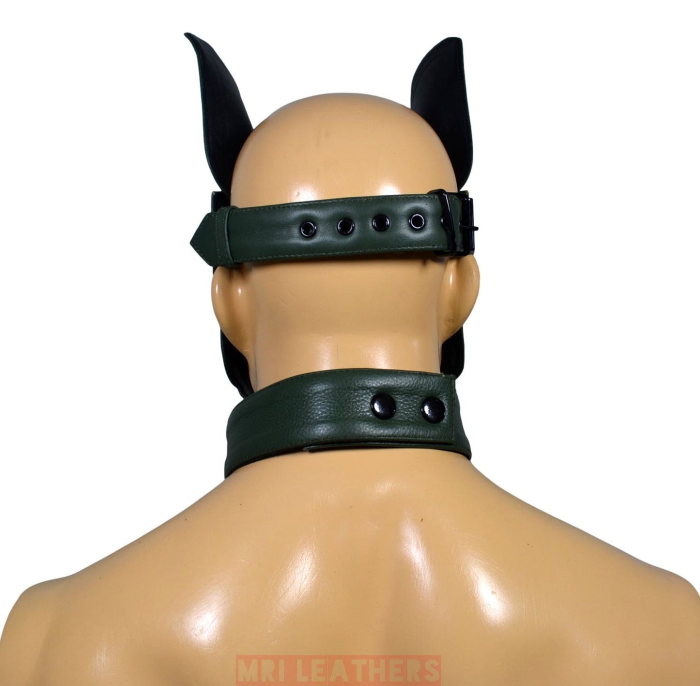 Leather dog mask with adjustable buckle and pointed ears, made from soft leather, shown from the back.