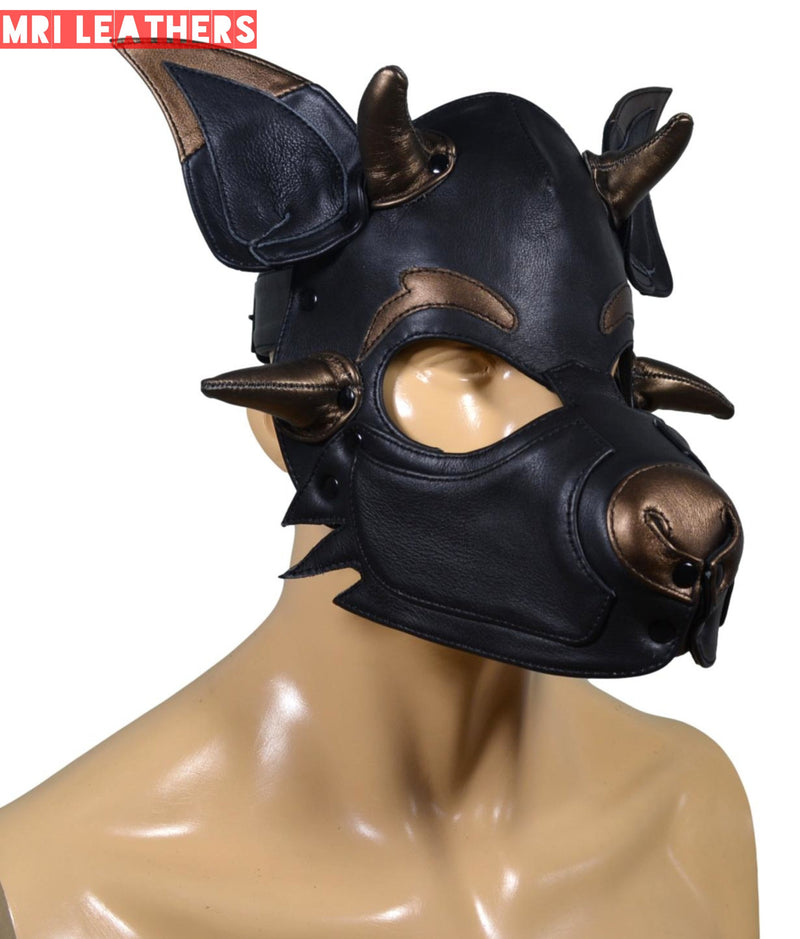 Leather Dog Mask Leather Pup Mask Dog Hood Pet Play Hood with horns - MRI Leathers