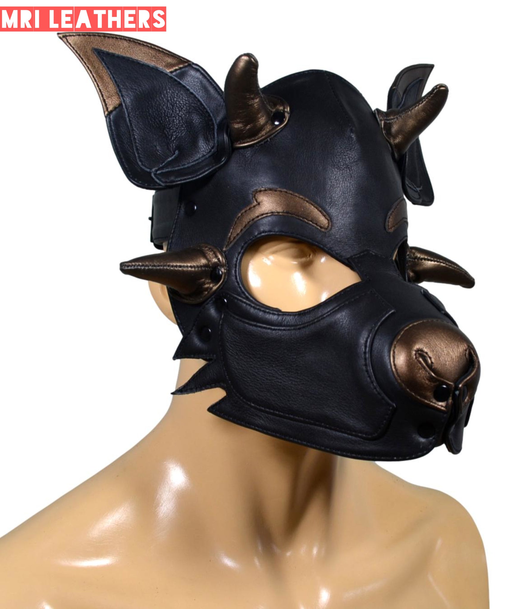 Leather Dog Mask Leather Pup Mask Dog Hood Pet Play Hood with horns - MRI Leathers
