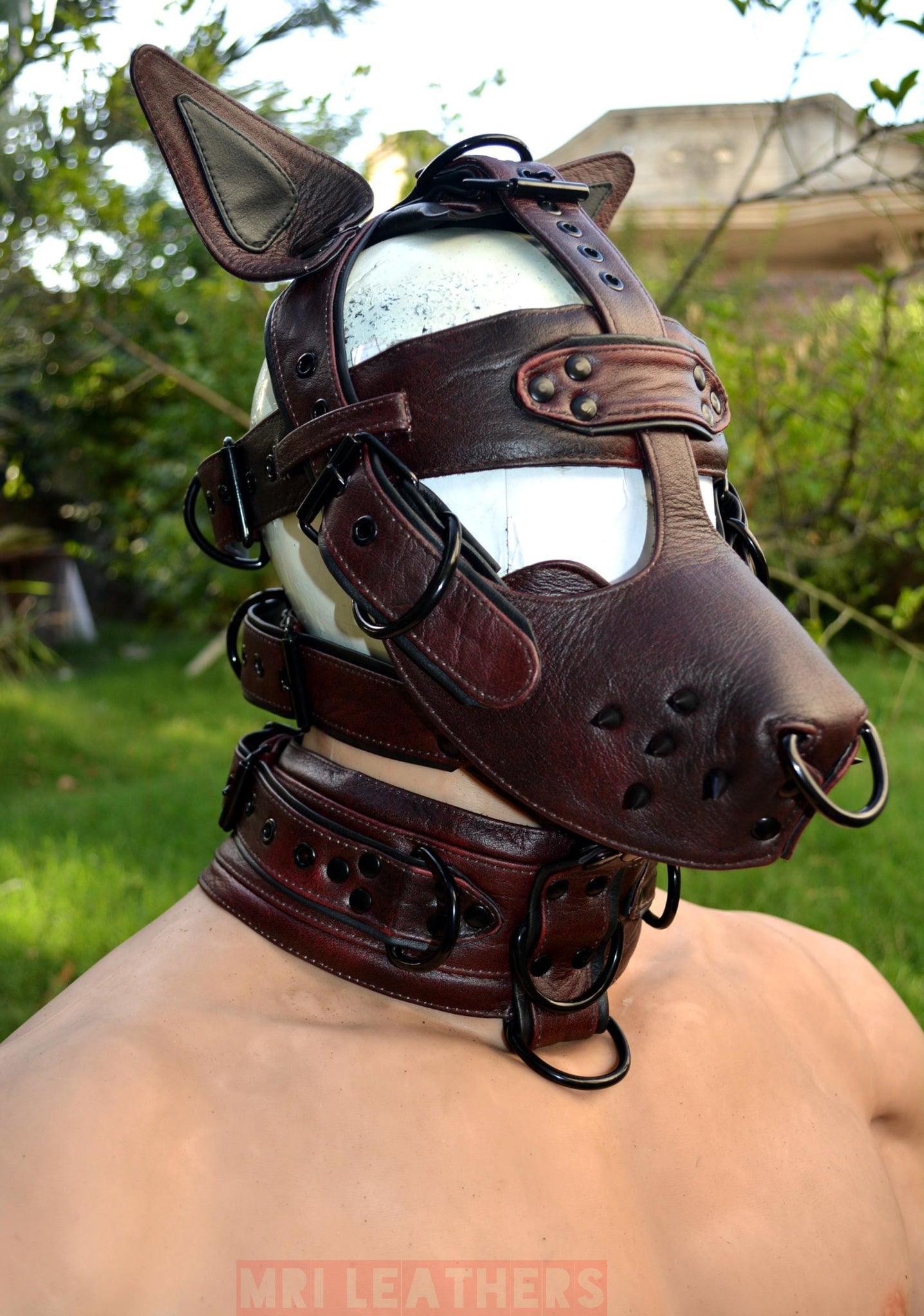 Leather Gear Face Hood Fetish Bondage Muzzle Gag dildo rings buckles - MRI Leathers