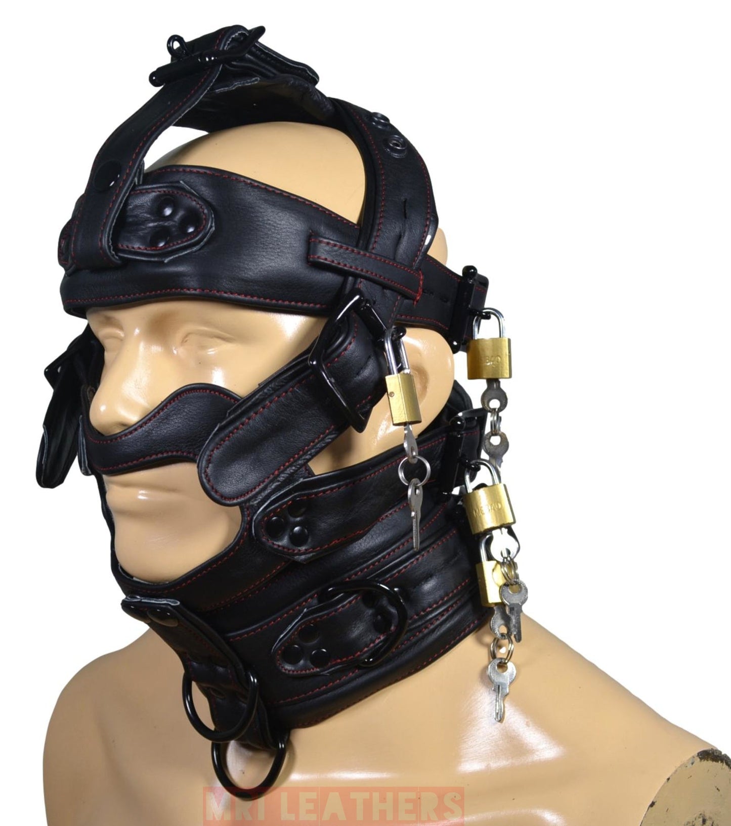 Leather Gear Face Hood Fetish Bondage Muzzle Gag dildo rings locking buckles - MRI Leathers
