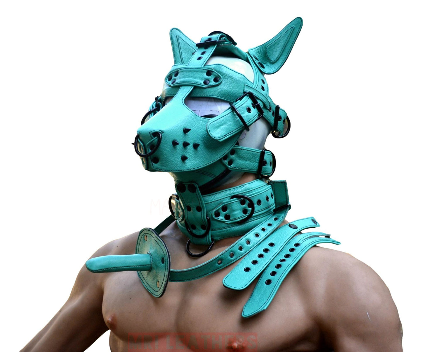 Leather Gear Face Hood Fetish Bondage Muzzle Gag dildo rings locking buckles - MRI Leathers